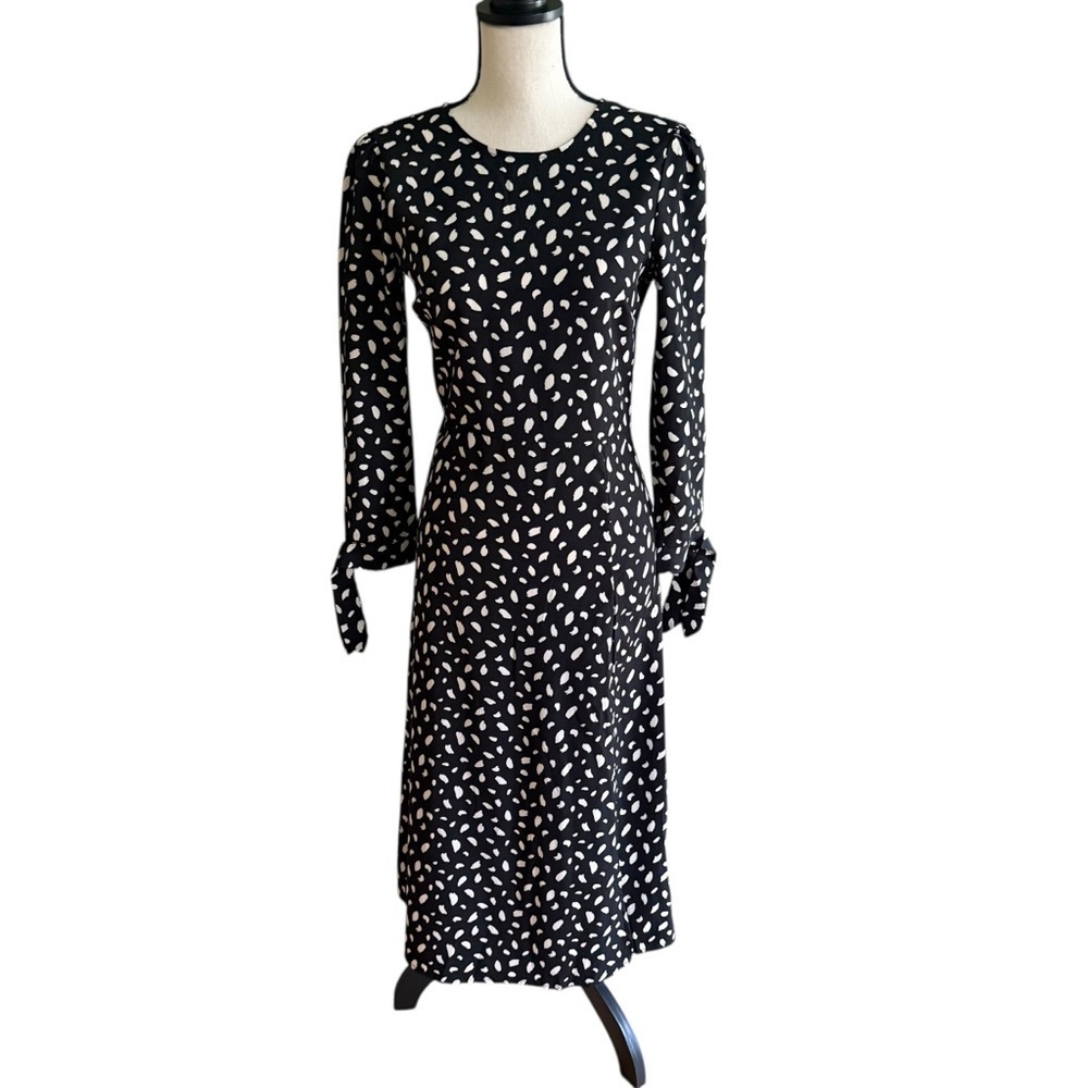 Edit by Nine Black White Patterned Midi Dress Slit Sleeve Tie Size S - Picture 5 of 13